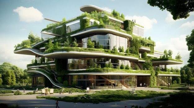 Un edificio de banco verde sostenible en armonía con la naturaleza