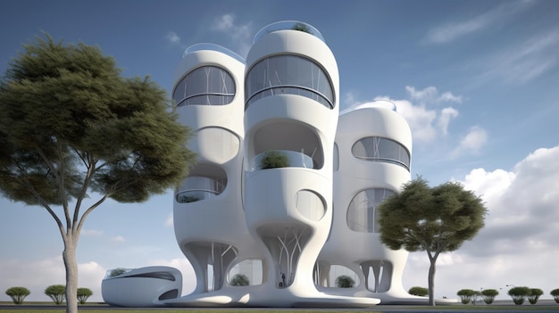 Un edificio blanco con una gran parte superior redondeada que dice "la palabra casa" en él