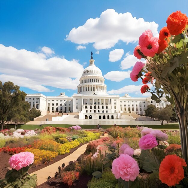 Foto un edificio blanco con muchas flores delante de él