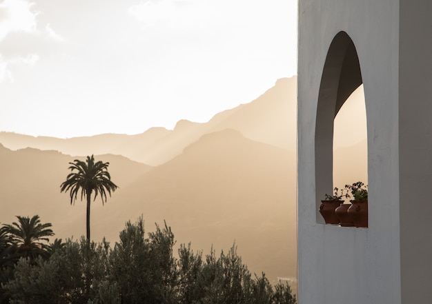 Edificio blanco con ventana de arco con plantas, palmeras y montañas.