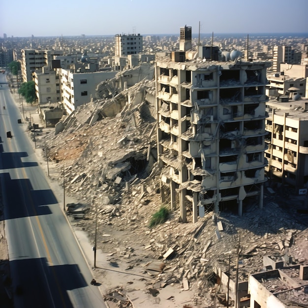 Edifício bombardeado destruído com escombros no conflito Gaza Palestina Israel ou destruição de guerra russa