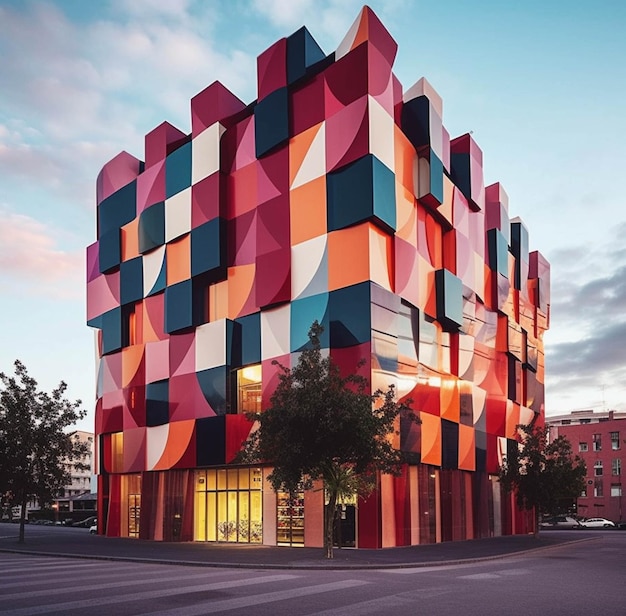 Edifício brilhantemente colorido com muitas janelas e um fundo do céu generativo ai