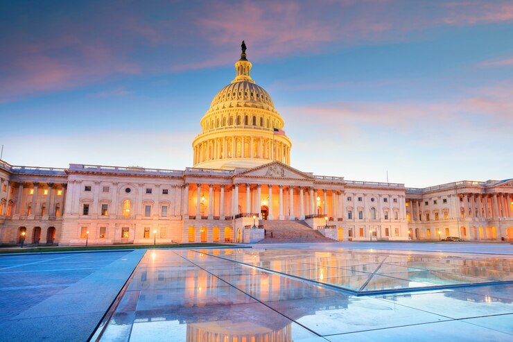 Foto el edificio del capitolio de los estados unidos con la cúpula iluminada por la noche.