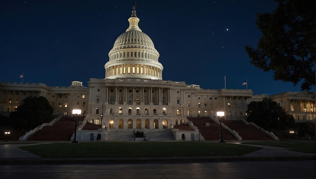 Foto el edificio del capitolio está iluminado por la noche.