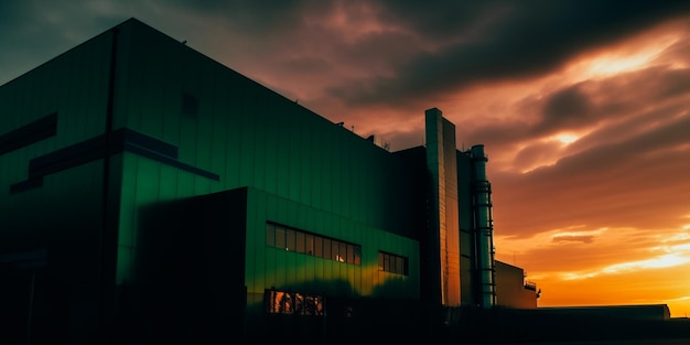 Un edificio con un cartel verde que dice 'la empresa está al fondo'