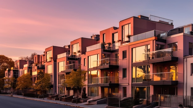 Edificio de casa adosada al aire libre con jardín