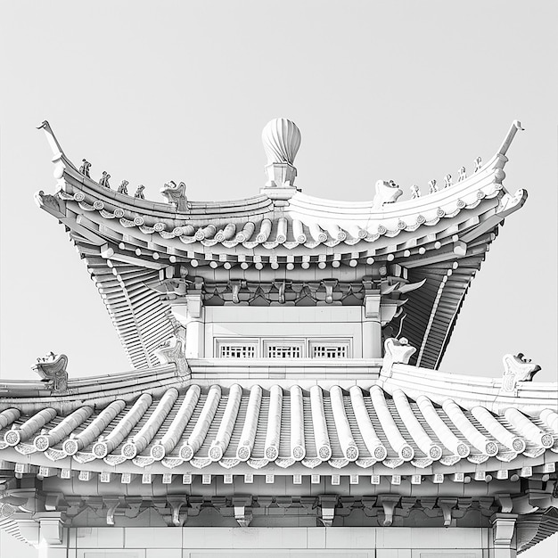 un edificio chino con un techo chino y un pájaro volando en el cielo