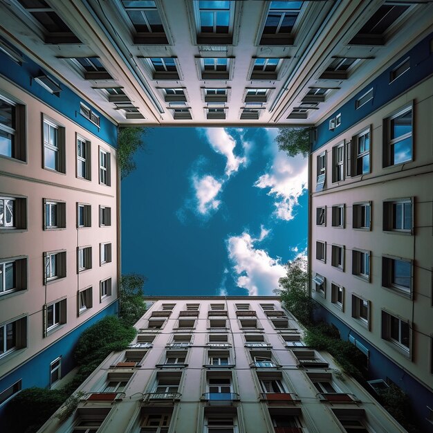 Foto un edificio con un cielo azul y nubes en la parte inferior