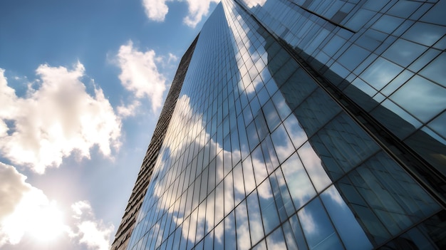 Un edificio con un cielo azul y nubes.