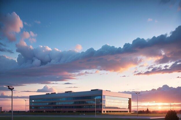 Un edificio con un cielo azul y nubes.