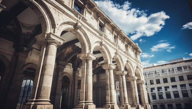 Foto un edificio con un cielo y nubes en el fondo