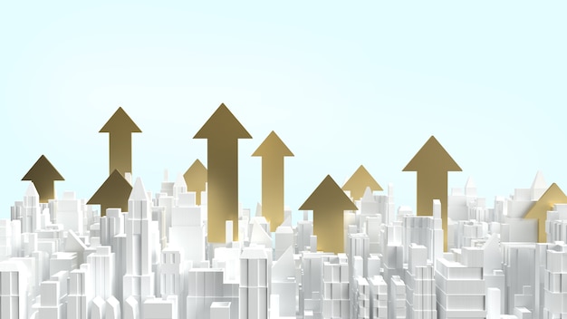 El edificio de la ciudad blanca y la flecha dorada hacia arriba para el contenido empresarial inmobiliario