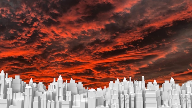 Edificio de la ciudad blanca y representación 3d del cielo crepuscular