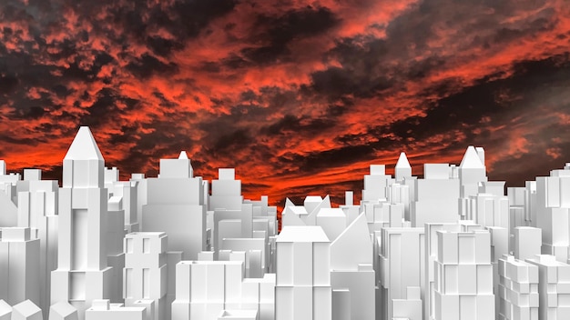 Edificio de la ciudad blanca y representación 3d del cielo crepuscular