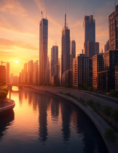 Edificio ciudad y puesta de sol con río