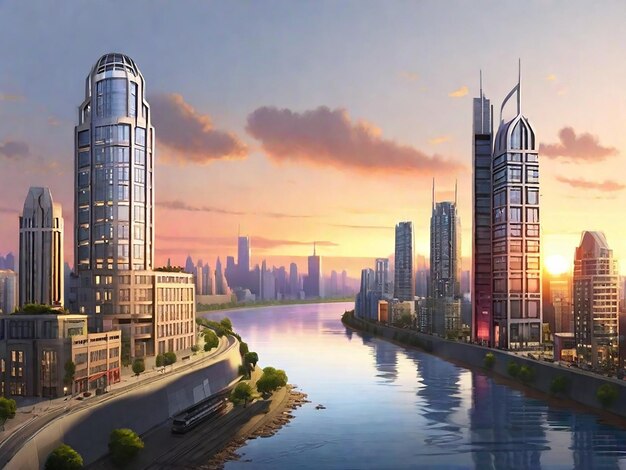 Edificio ciudad y puesta de sol con río