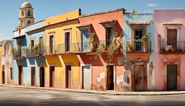 Foto edifício colonial antigo com persianas coloridas vibrantes e varanda gerada por ia