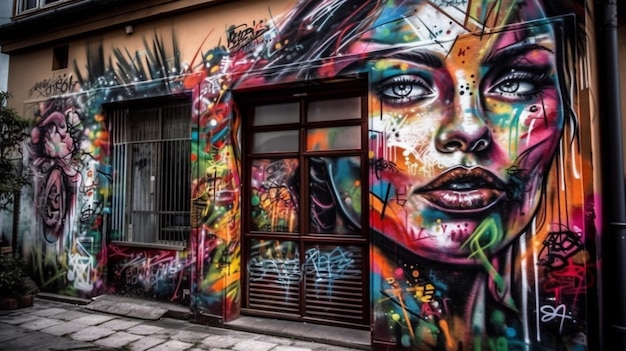 Un edificio colorido con la cara de una mujer pintada