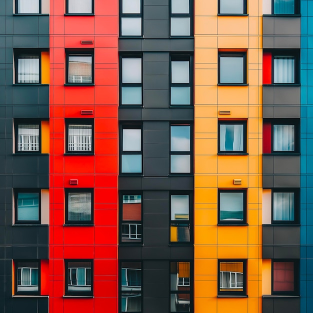 un edificio colorido con un esquema de colores rojo y naranja