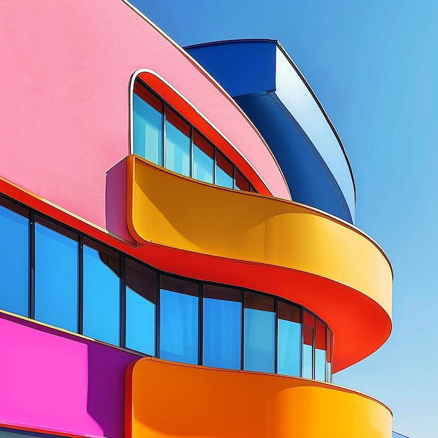 un edificio colorido con una fachada y ventanas coloridas