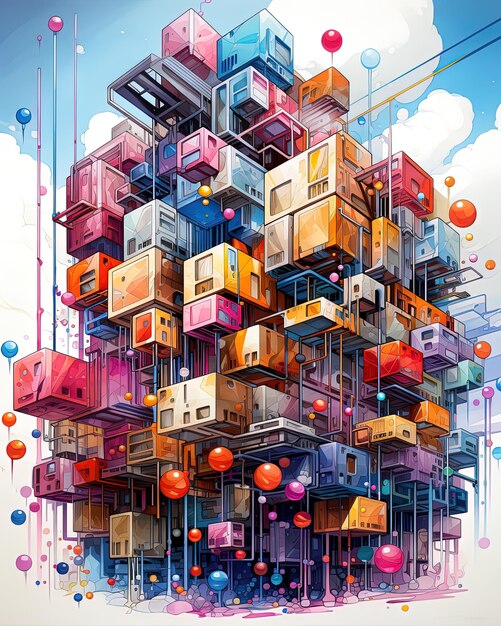 un edificio colorido con muchas cajas en él