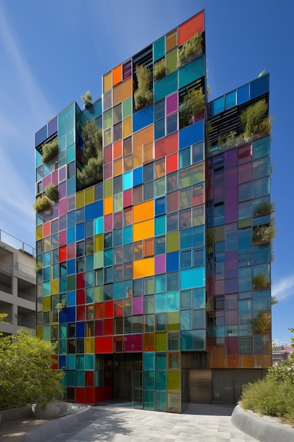 Un edificio colorido con muchas ventanas y un árbol a un lado.