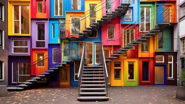 Foto un edificio colorido con muchas ventanas y una puerta