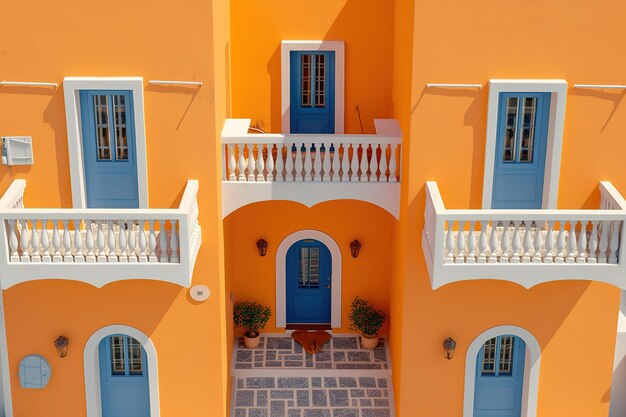 Un edificio colorido con una puerta azul y un balcón.