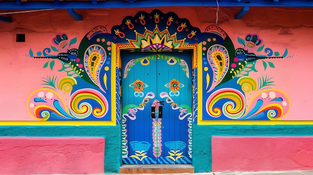 Foto un edificio colorido con una puerta colorida y la palabra hola en él