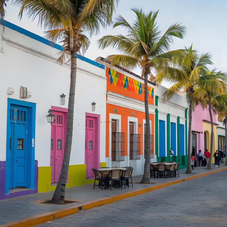 un edificio colorido con una puerta pintada de arco iris y una puerta colorida