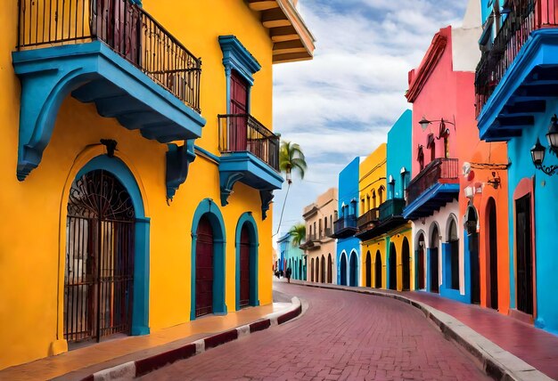 un edificio colorido con una puerta roja y un edificio azul y amarillo con un balcón