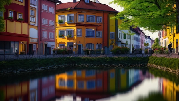 Un edificio colorido con un reflejo del río en el agua.