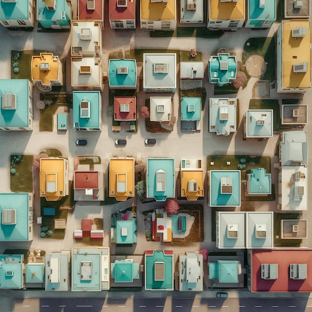 un edificio colorido con varias ventanas y varias casas.