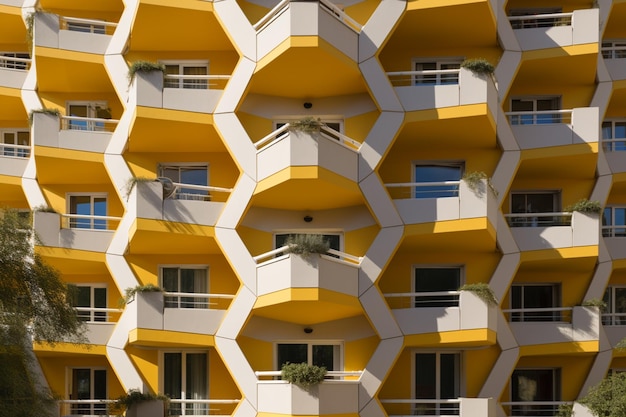 Edifício com exterior amarelo e fachada branca com varandas.