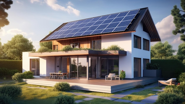 Edifício com painéis solares no telhado Energia sustentável e limpa em casa