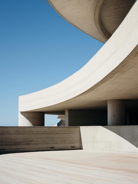 un edificio de concreto con una escalera de concreto y un cielo azul detrás de él.