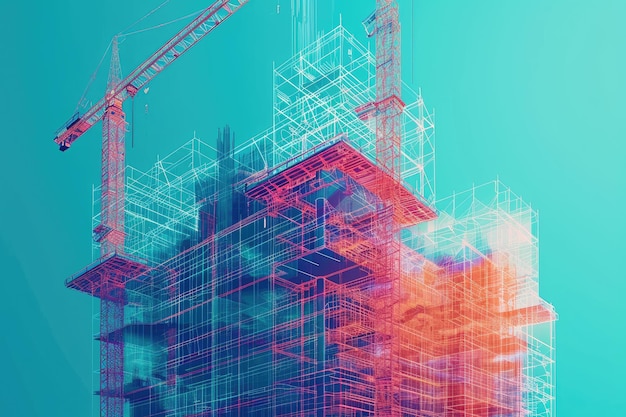 Edificio en construcción con grúa en el fondo Proceso de construcción del edificio representado a través de una visualización de datos innovadora Generada por IA