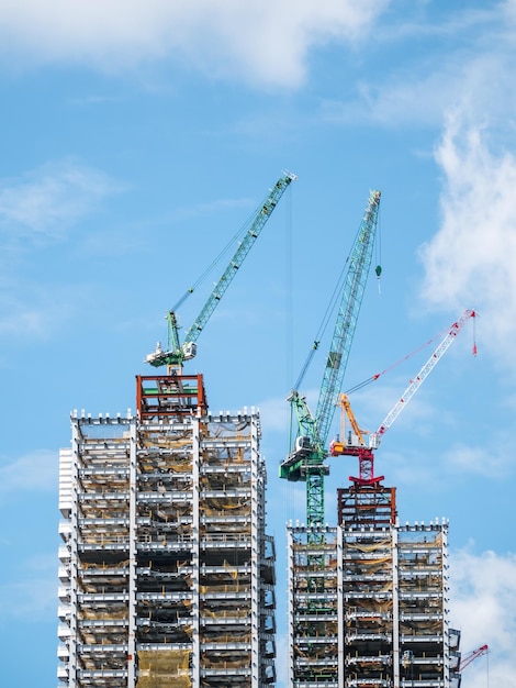 Edificio en construcción, grúas y rascacielos