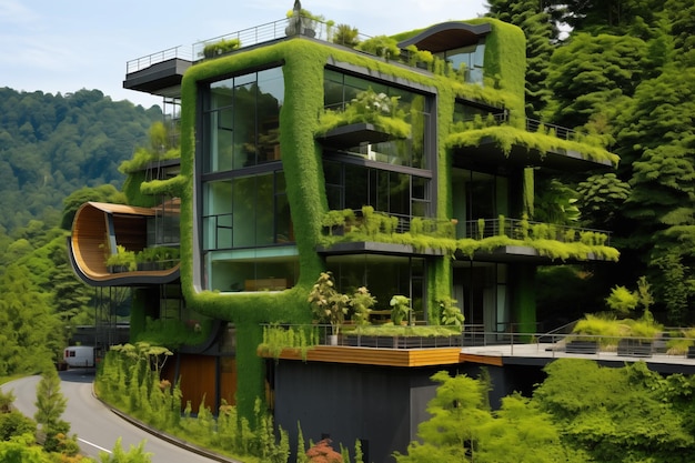 Edificio contemporáneo con extensa vegetación se integra sin problemas en un paisaje boscoso