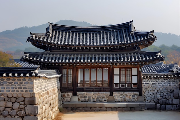 Foto edificio coreano con paredes tradicionales de piedra