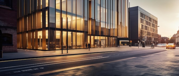 Edificio corporativo moderno al atardecer en el paisaje urbano