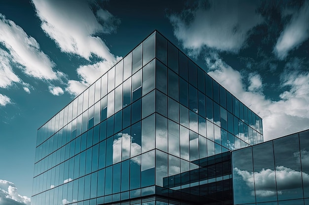 Un edificio de cristal con un diseño moderno y minimalista contra un cielo azul claro IA generativa