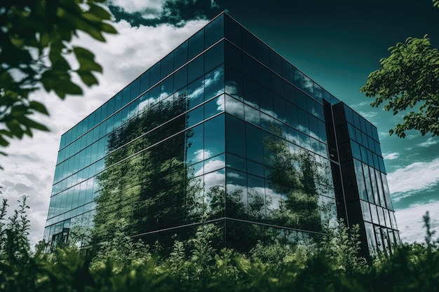 Edificio de cristal rodeado de exuberante vegetación y un cielo azul claro de fondo