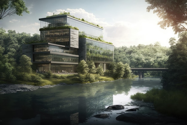 Edificio de cristal rodeado de exuberante vegetación con vistas al río cercano