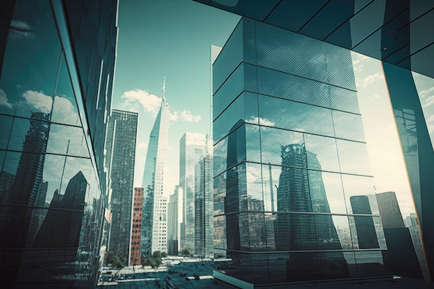 Edificio de cristal con vistas al bullicioso centro de la ciudad y a los imponentes rascacielos