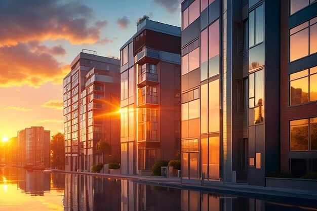 Edifício de apartamentos de luxo com fachada de vidro reflete o pôr do sol