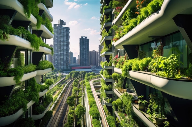 Edifício de arranha-céu verde urbano ecológico moderno projeto de cidade arquitetura futurista natureza