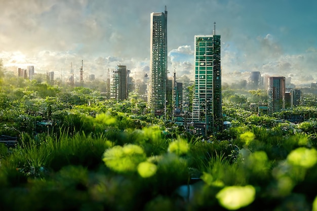 Edifício de arranha-céus verde com plantas na ecologia da cidade e vida verde no conceito de ambiente urbano do centro