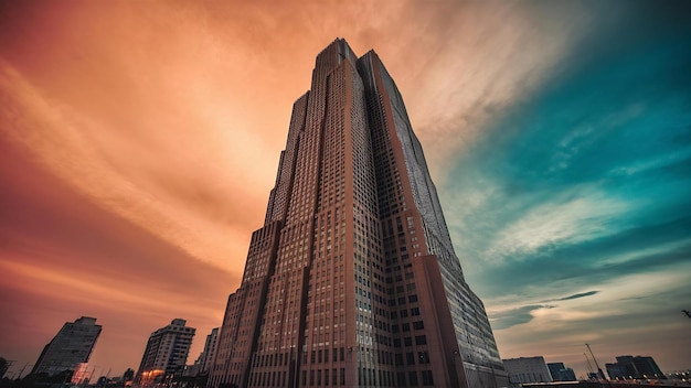 Edifício de arranho alto com um céu laranja e azul