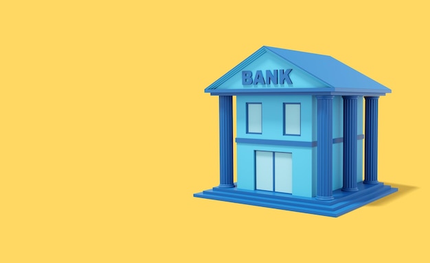 Edifício de banco azul com colunas em um fundo amarelo Banner com espaço para texto Vista isométrica renderização em 3d